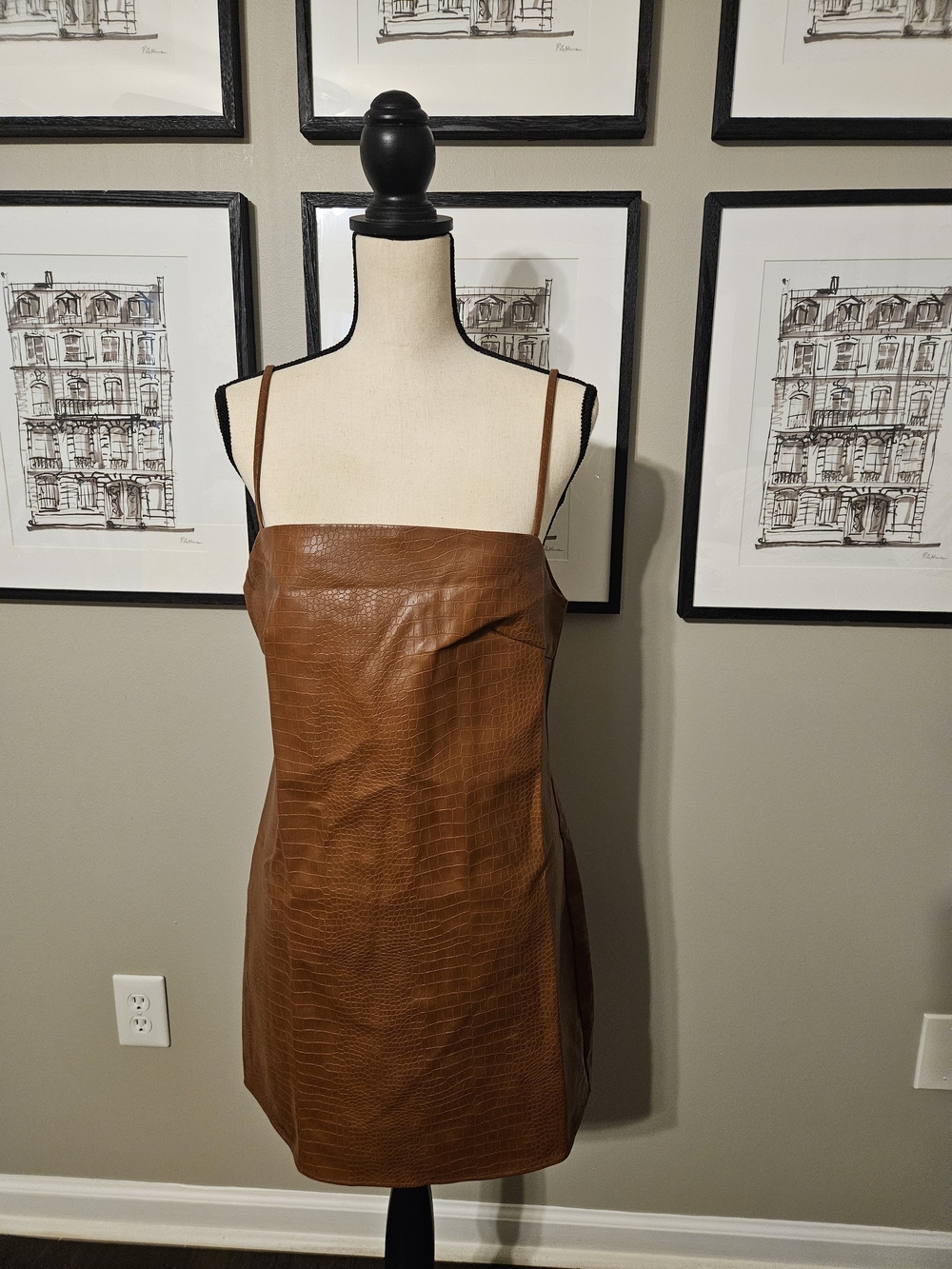 Brown Faux-Leather Mini Slip Dress with Thin Straps